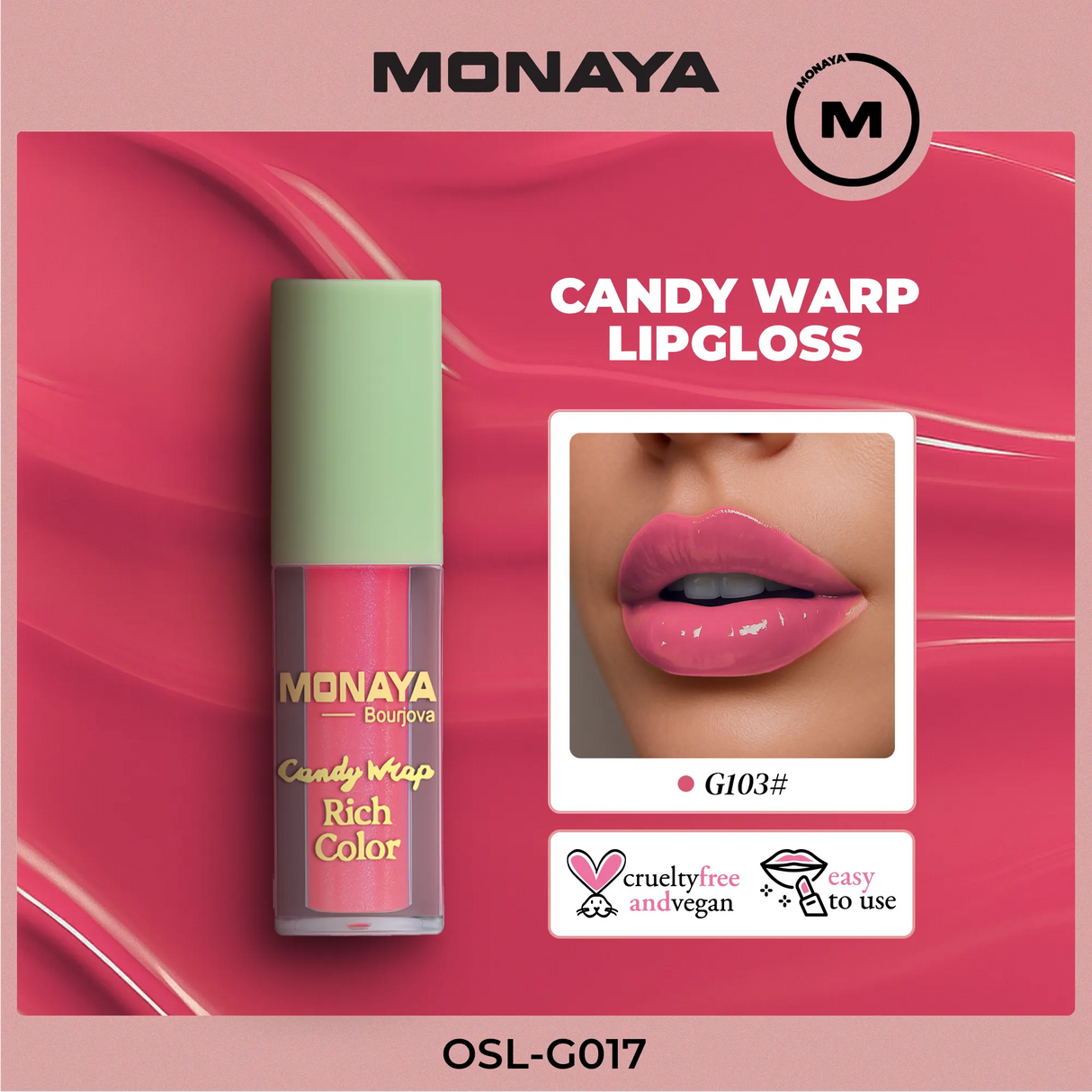 Monaya G017 Candy Wrap Rich Color Lip Gloss – High Pigment, Moisturizing, Long-Lasting, Non-Sticky, Glossy Finish, Lip Care, Cruelty-Free
