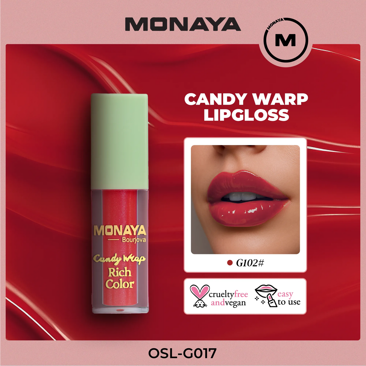Monaya G017 Candy Wrap Rich Color Lip Gloss – High Pigment, Moisturizing, Long-Lasting, Non-Sticky, Glossy Finish, Lip Care, Cruelty-Free