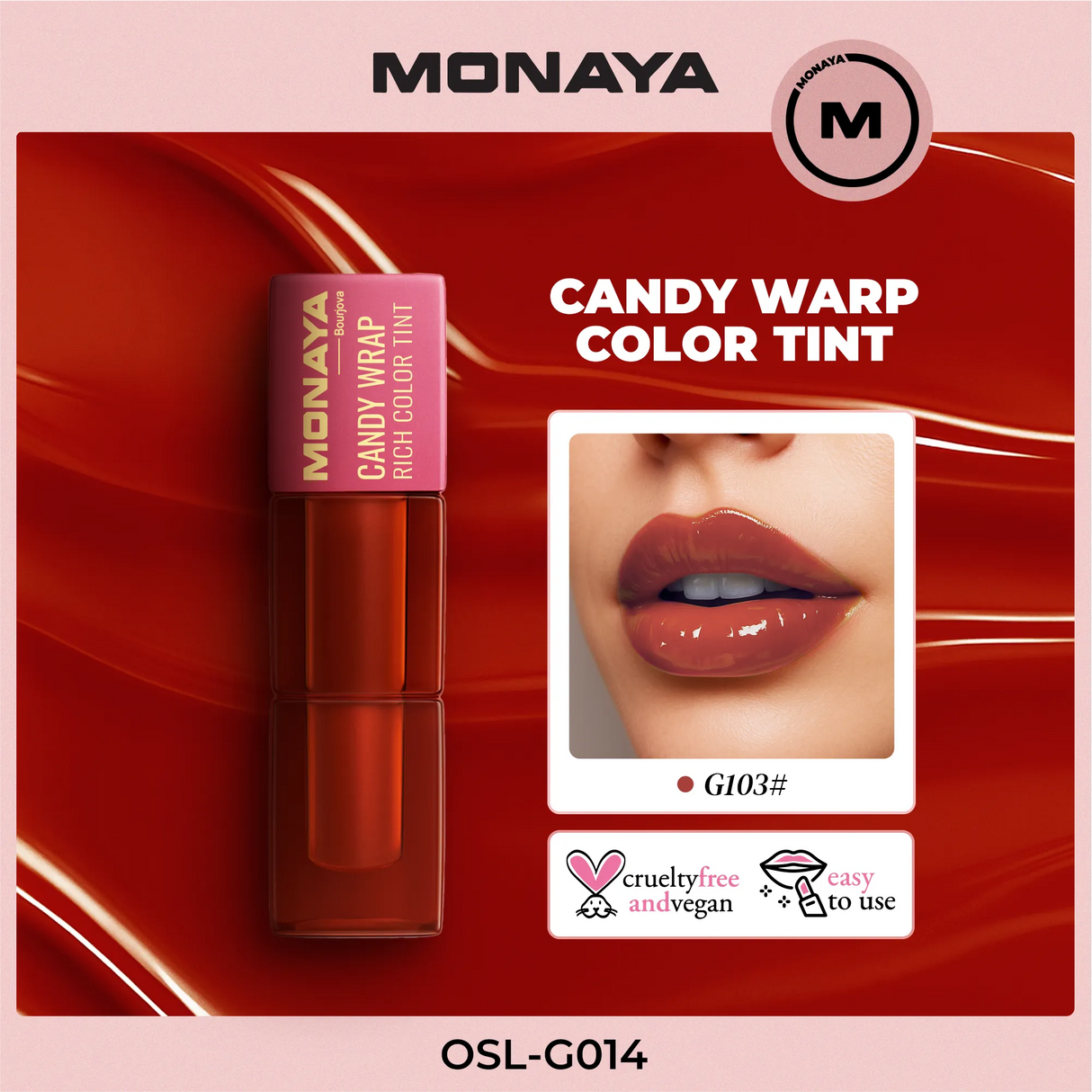 Monaya G014 Rich Color Lip Tint – Long-Lasting, Lightweight, Smudge-Proof, Moisturizing Lip Stain, Lip Care, Cruelty-Free Makeup