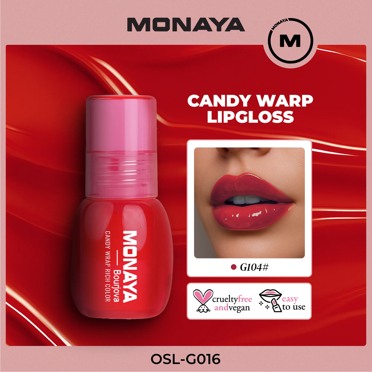 Monaya G016 Candy Wrap Rich Color Lip Gloss – High Shine, Moisturizing, Long-Lasting, Non-Sticky, Lip Care, Professional Makeup