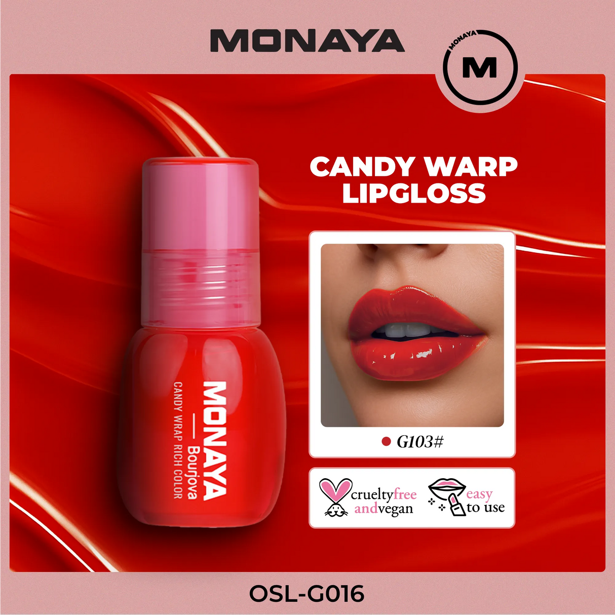 Monaya G016 Candy Wrap Rich Color Lip Gloss – High Shine, Moisturizing, Long-Lasting, Non-Sticky, Lip Care, Professional Makeup
