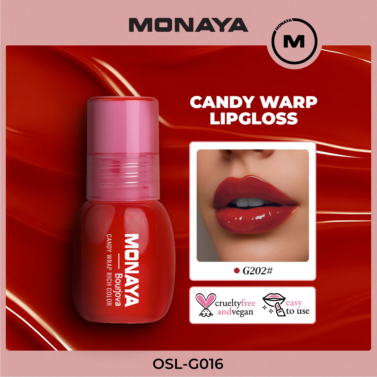 Monaya G016 Candy Wrap Rich Color Lip Gloss – High Shine, Moisturizing, Long-Lasting, Non-Sticky, Lip Care, Professional Makeup