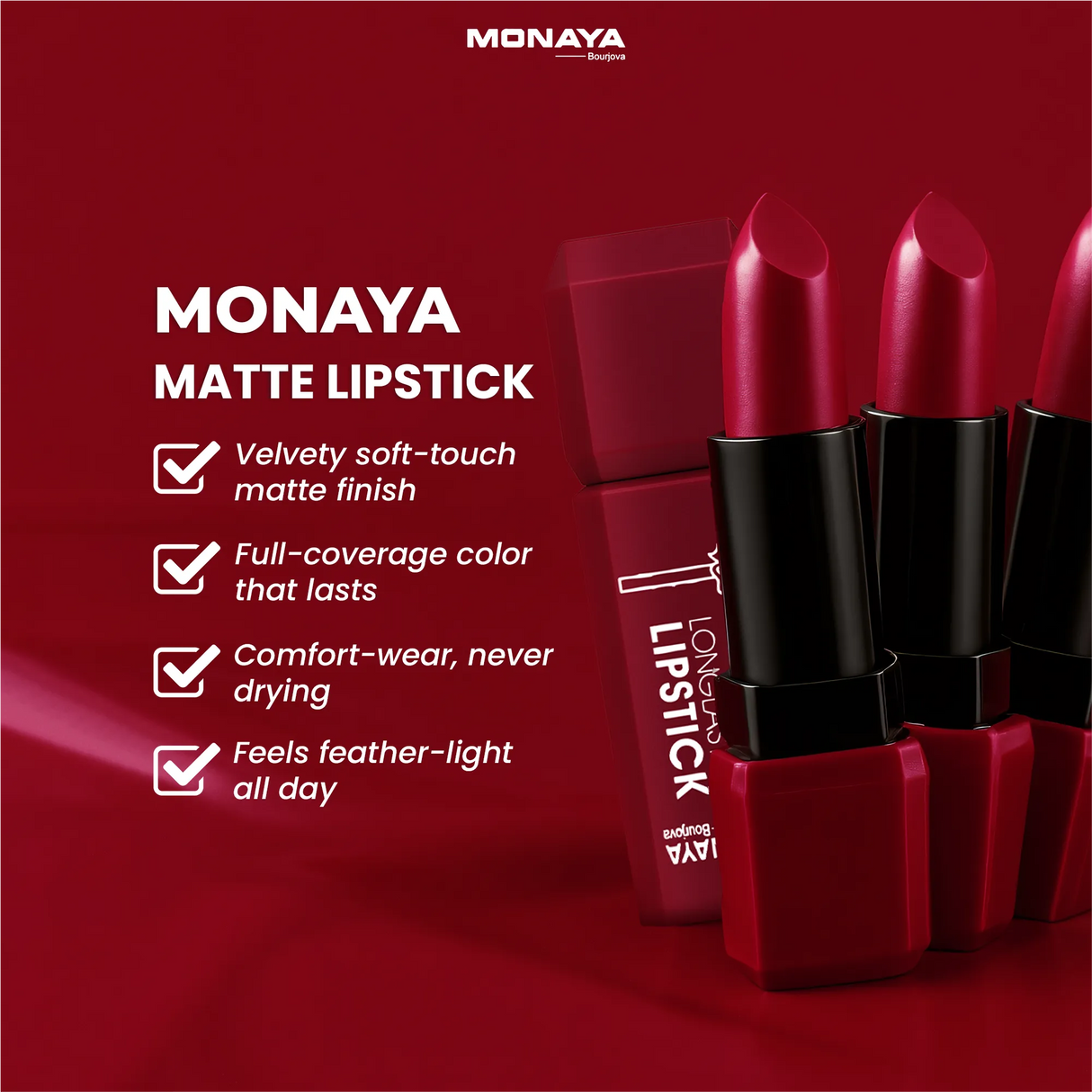 Monaya L015 Longlasting Matte Lipstick, Full Coverage, Lightweight & Moisturizing Formula, Non-Drying Velvet Matte Finish, Vegan & Cruelty-Free