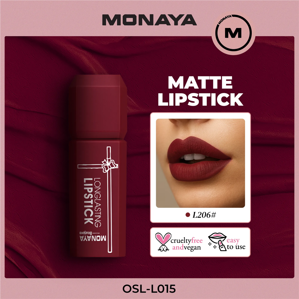 Monaya L015 Longlasting Matte Lipstick, Full Coverage, Lightweight & Moisturizing Formula, Non-Drying Velvet Matte Finish, Vegan & Cruelty-Free