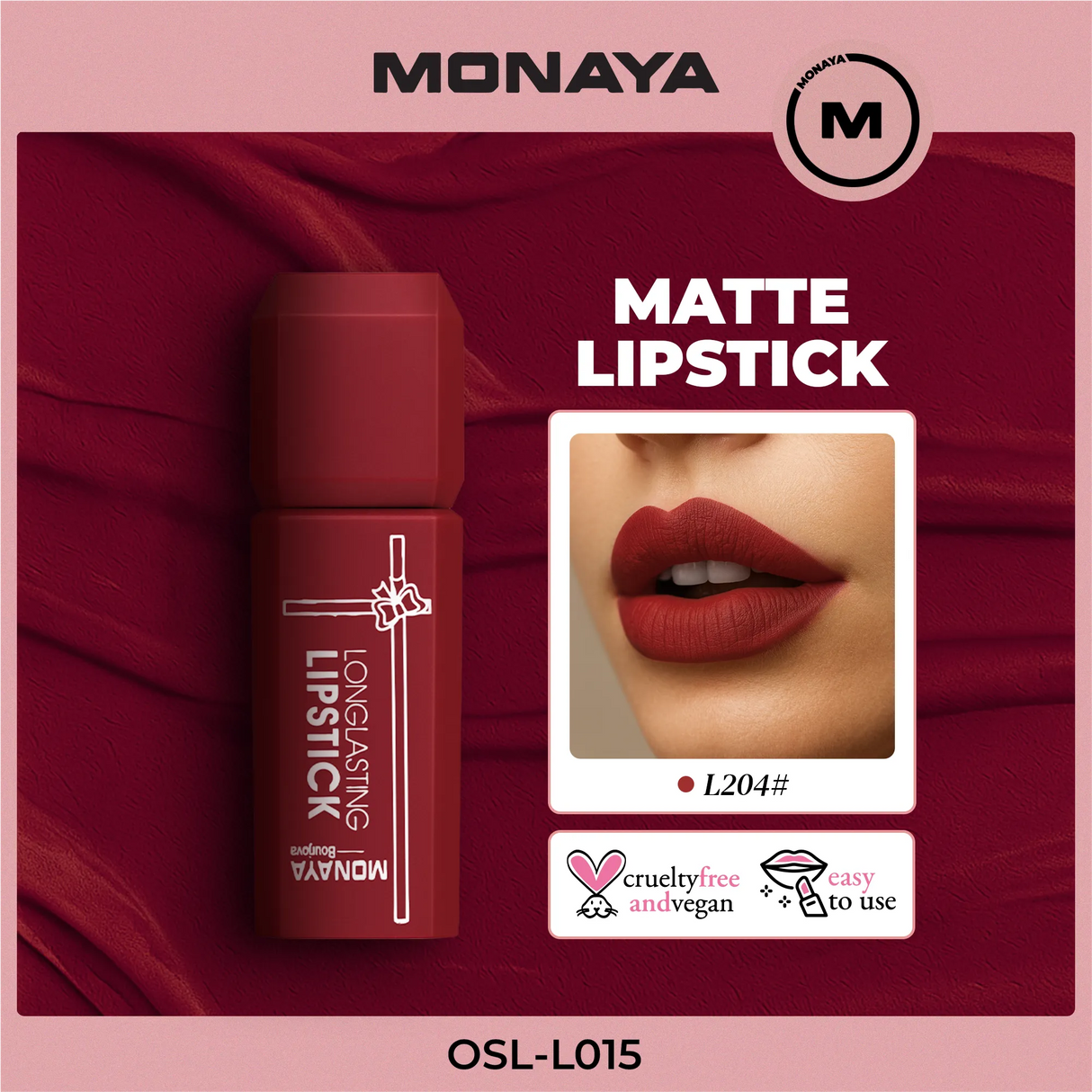 Monaya L015 Longlasting Matte Lipstick, Full Coverage, Lightweight & Moisturizing Formula, Non-Drying Velvet Matte Finish, Vegan & Cruelty-Free