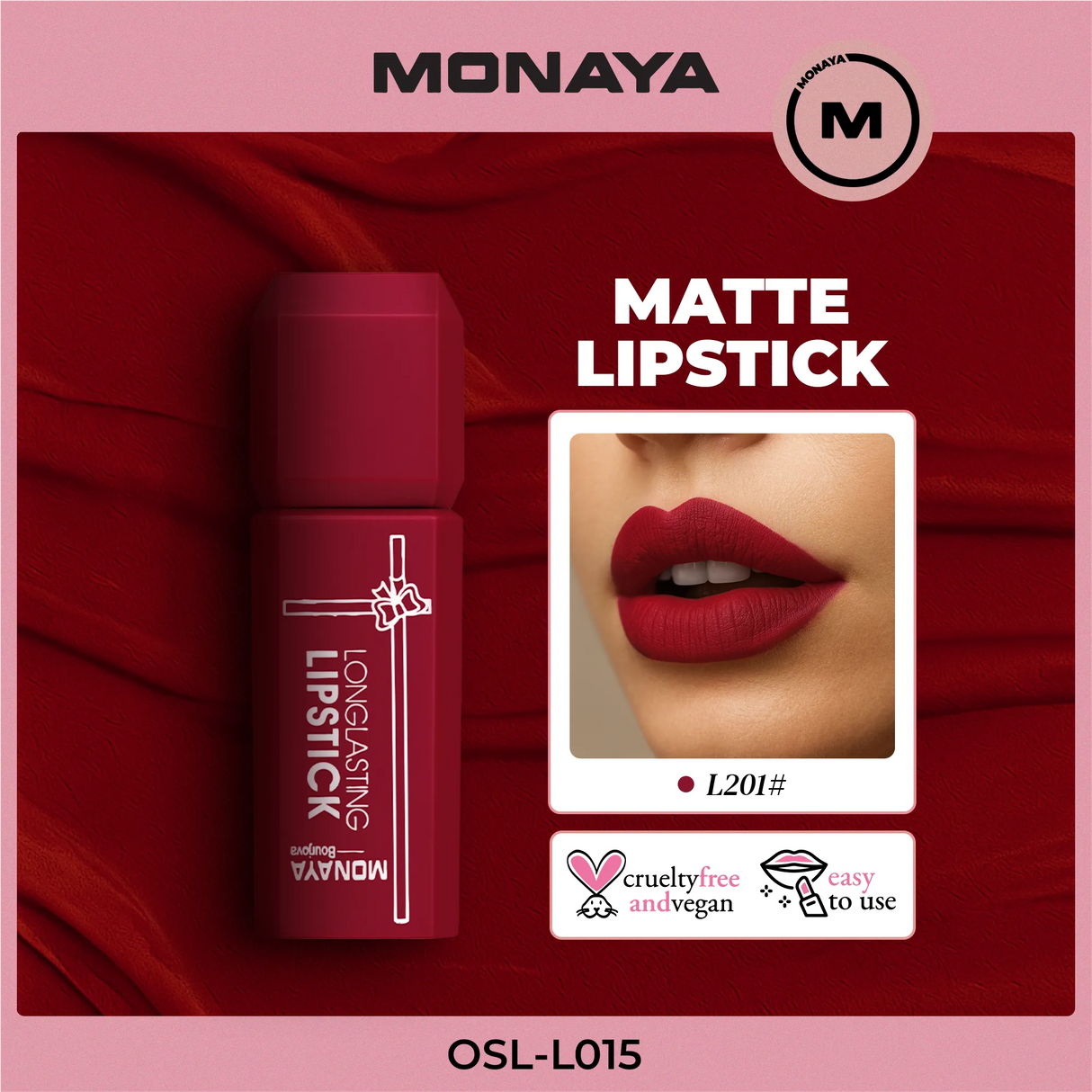 Monaya L015 Longlasting Matte Lipstick, Full Coverage, Lightweight & Moisturizing Formula, Non-Drying Velvet Matte Finish, Vegan & Cruelty-Free