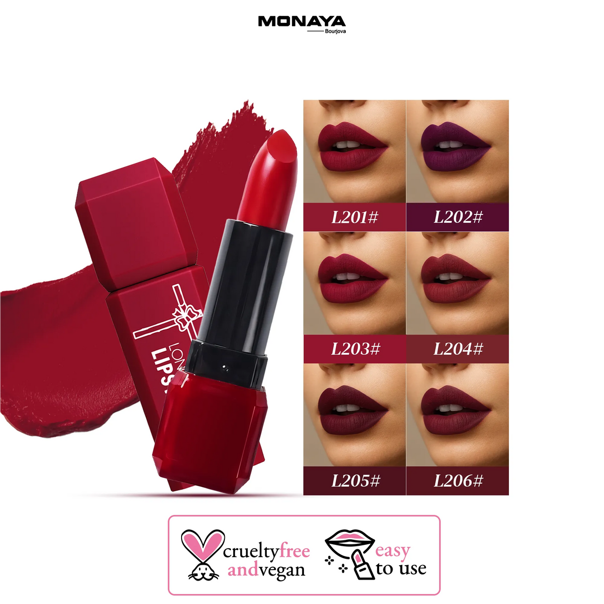 Monaya L015 Longlasting Matte Lipstick, Full Coverage, Lightweight & Moisturizing Formula, Non-Drying Velvet Matte Finish, Vegan & Cruelty-Free