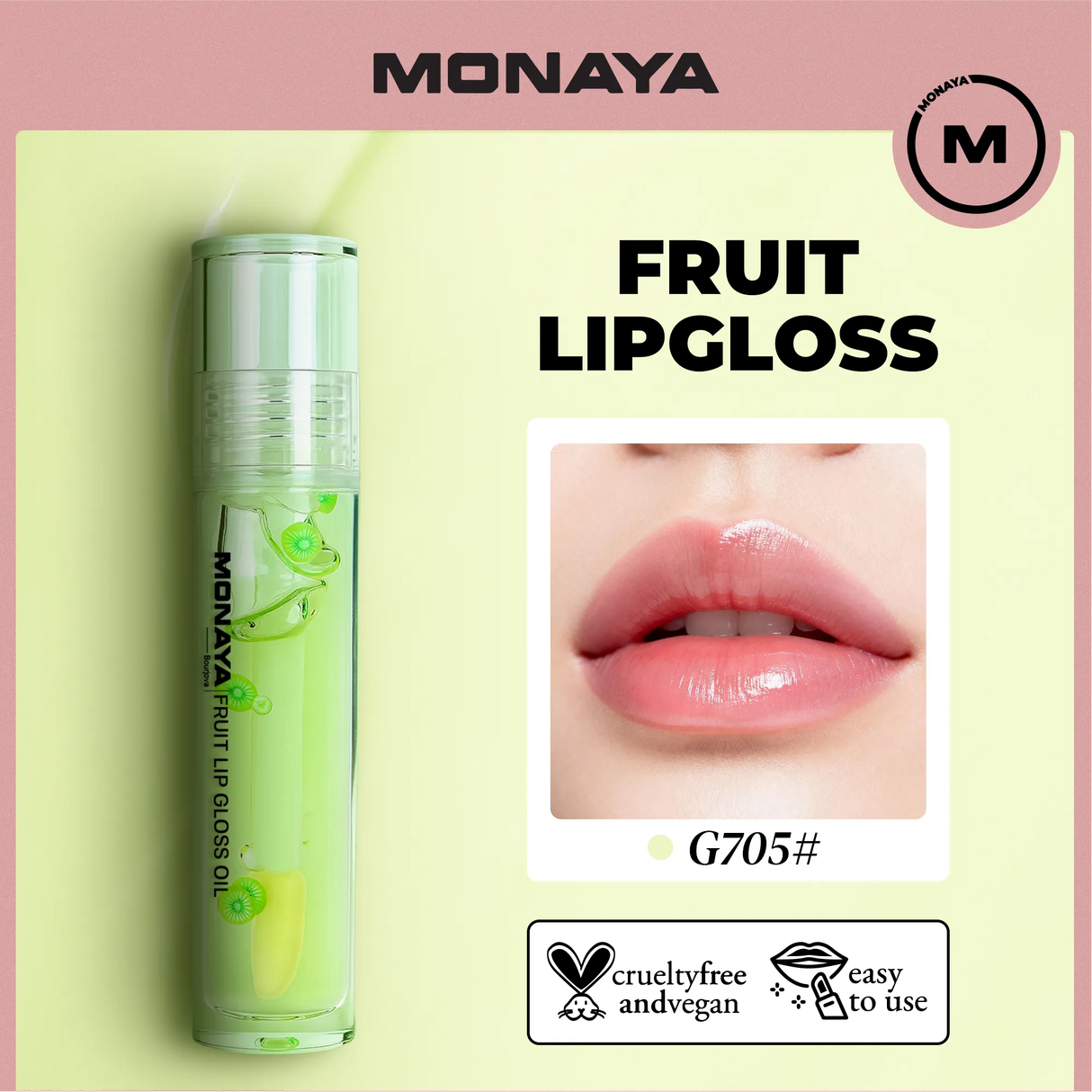 Monaya LO002 Fruit Lip Gloss, Natural Glossy Finish, Nourishing Lip Oil for Soft & Shiny Lips, Hydrating, Non-Sticky, Long-Lasting Moisture, Fruity Scent Lip Care