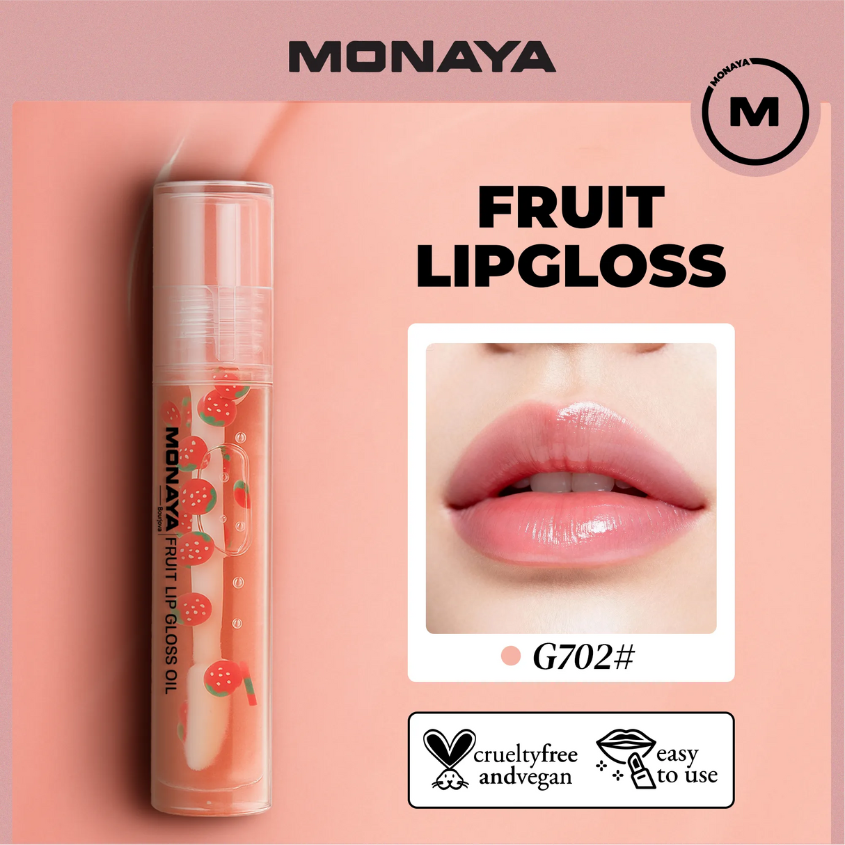 Monaya LO002 Fruit Lip Gloss, Natural Glossy Finish, Nourishing Lip Oil for Soft & Shiny Lips, Hydrating, Non-Sticky, Long-Lasting Moisture, Fruity Scent Lip Care