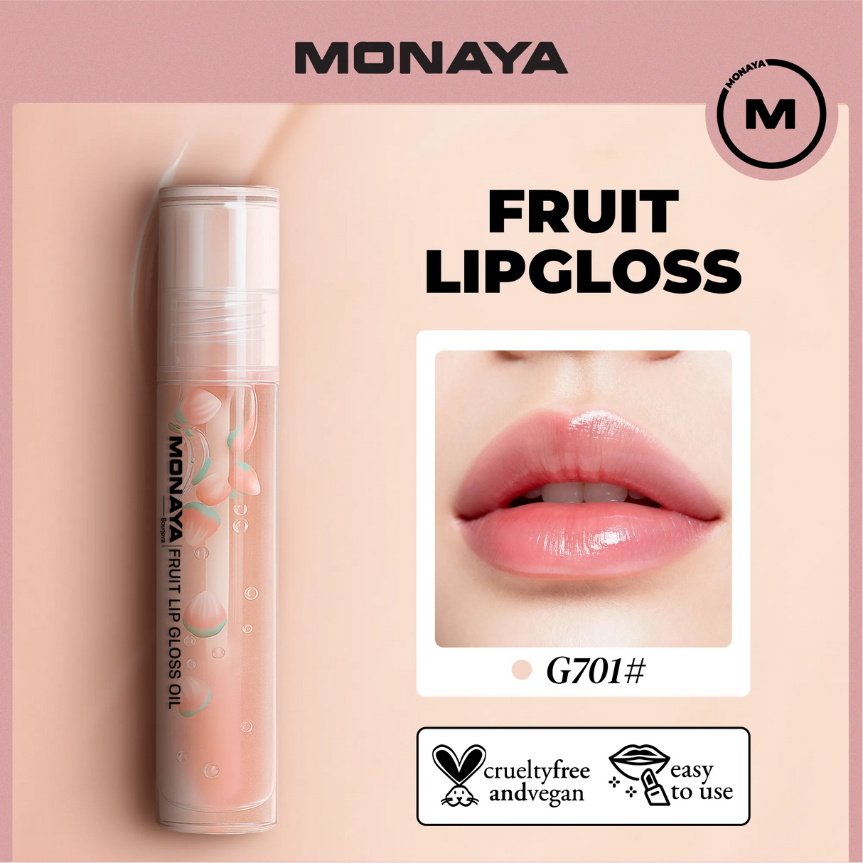 Monaya LO002 Fruit Lip Gloss, Natural Glossy Finish, Nourishing Lip Oil for Soft & Shiny Lips, Hydrating, Non-Sticky, Long-Lasting Moisture, Fruity Scent Lip Care