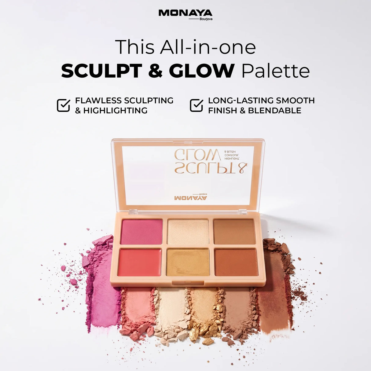 مونايا بورجوفا سكالبت آند جلو، لوحة تحديد الوجه، مكياج - أحمر خدود، هايلايتر، برونزر، بودرة، لوحة مكياج متكاملة، مجموعة تحديد الوجه - مستحضرات تجميل للوجه، هدايا للنساء، جمال للمهرجانات