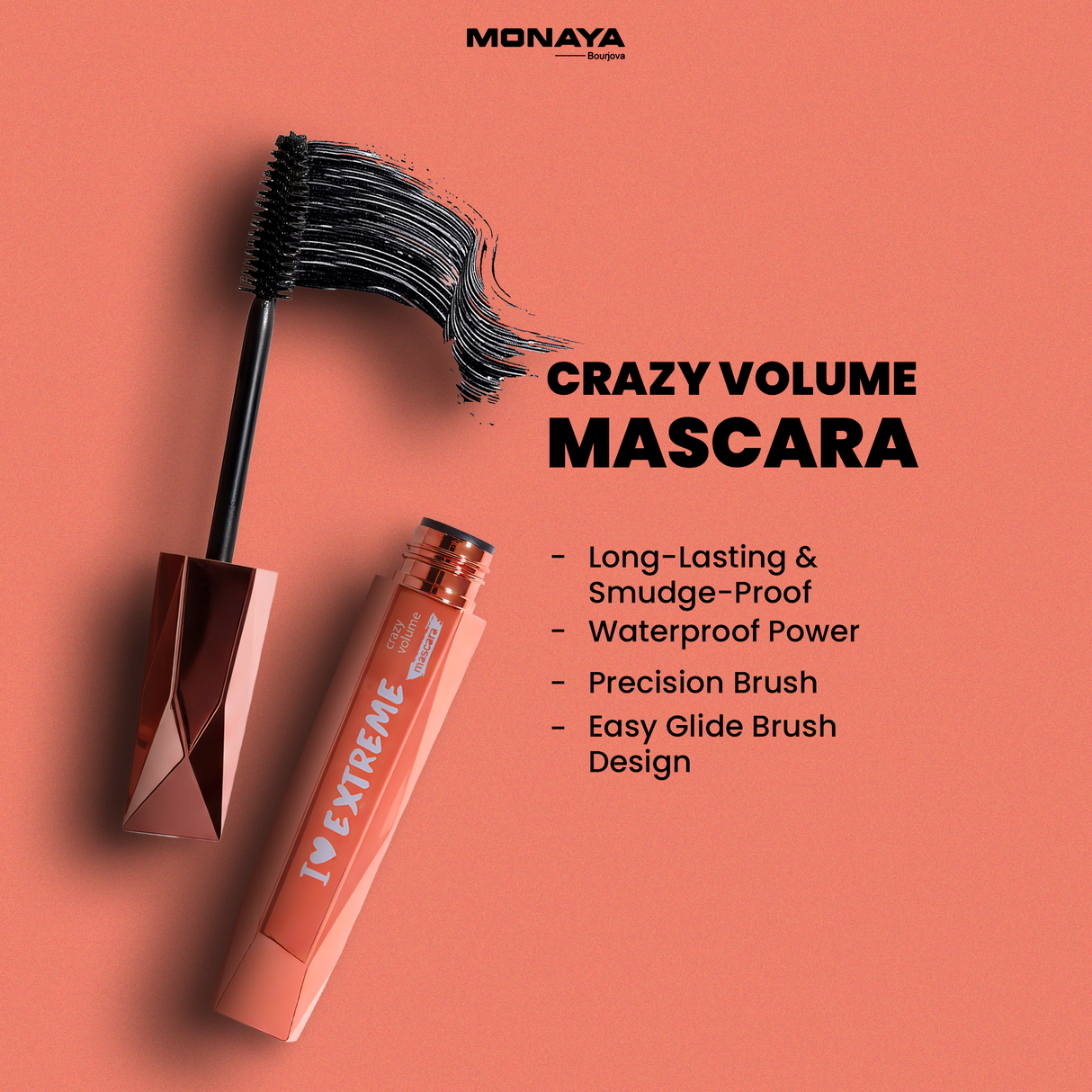 Monaya M004 I Love Extreme Crazy Volume Mascara, Long-Lasting Zero-Smudge Lengthening Mascara ( M102 ) # M003-Black