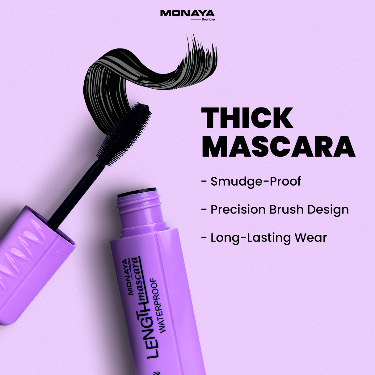 Monaya M012 Big Eyes Extended The Thick Mascara, PROFESSIONAL MAKEUP Volumizing, Lengthening, & Defining-Black