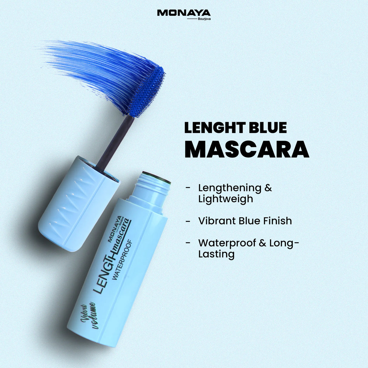 Waterproof Length Mascara – Blue Color, Velvet Volume, Lash-Lengthening Formula - M013