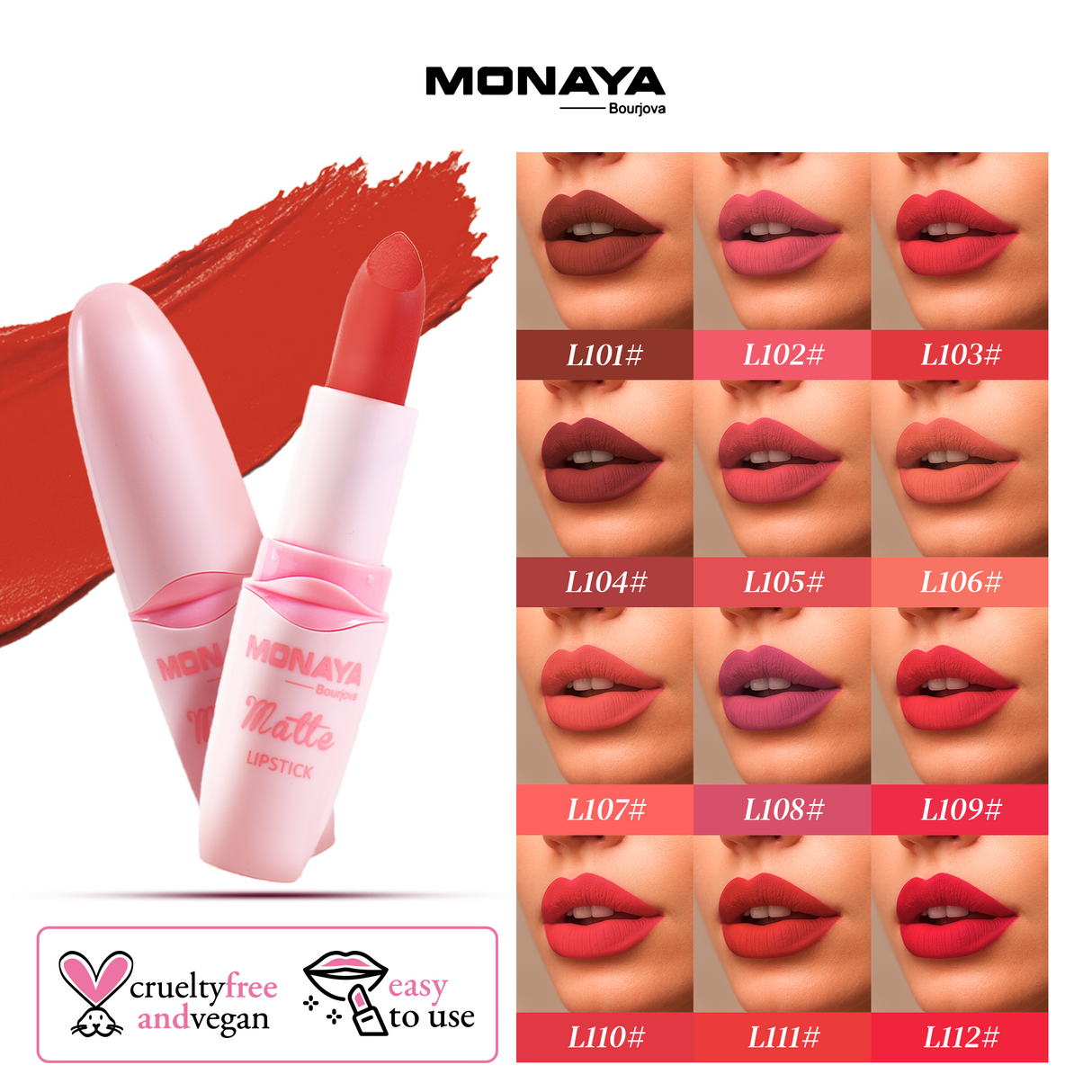 Monaya Bourjova Matte Lipstick, Velvet Finish, 6 Shades, OSL-L006