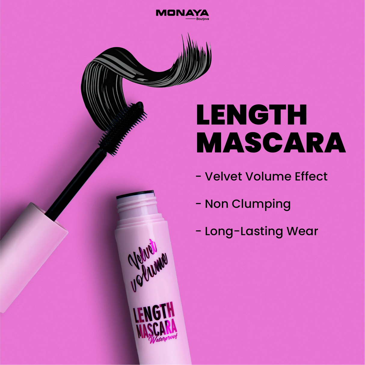 Monaya M015 Velvet Volume Length Mascara – Waterproof, Long-Lasting, Smudge-Proof, Lightweight & Defining Formula for Natural Lash Lift