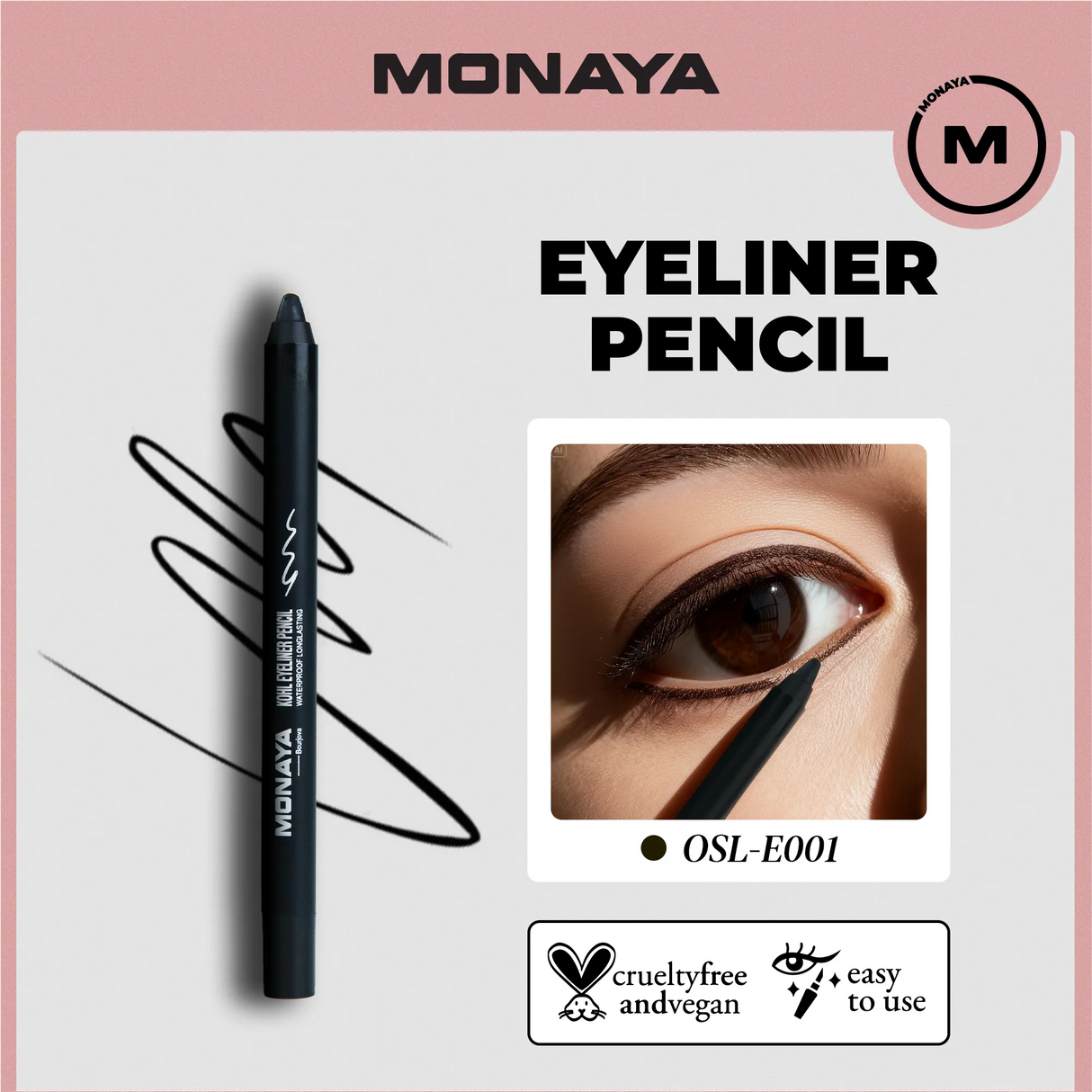 Monaya E001 Black Kohl Eyeliner Pencil – Ultra Smooth, Long-Lasting, Smudge-Proof Eye Pencil for Intense Definition & All-Day Comfort