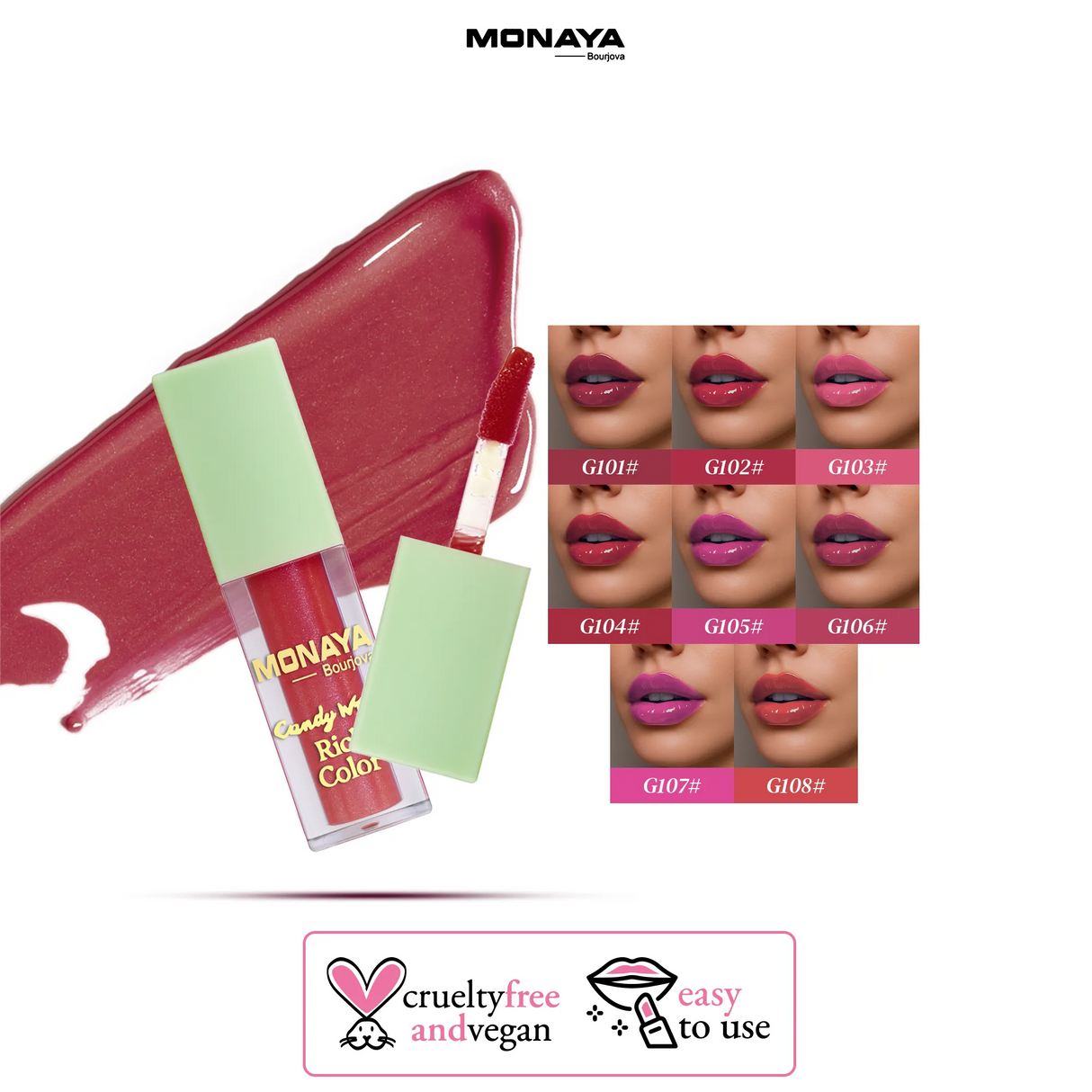 Monaya G017 Candy Wrap Rich Color Lip Gloss – High Pigment, Moisturizing, Long-Lasting, Non-Sticky, Glossy Finish, Lip Care, Cruelty-Free