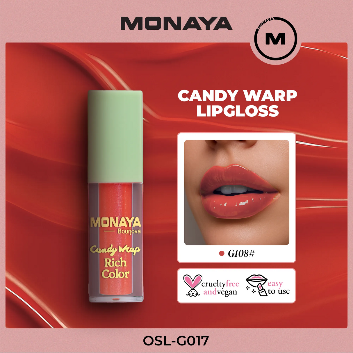 Monaya G017 Candy Wrap Rich Color Lip Gloss – High Pigment, Moisturizing, Long-Lasting, Non-Sticky, Glossy Finish, Lip Care, Cruelty-Free