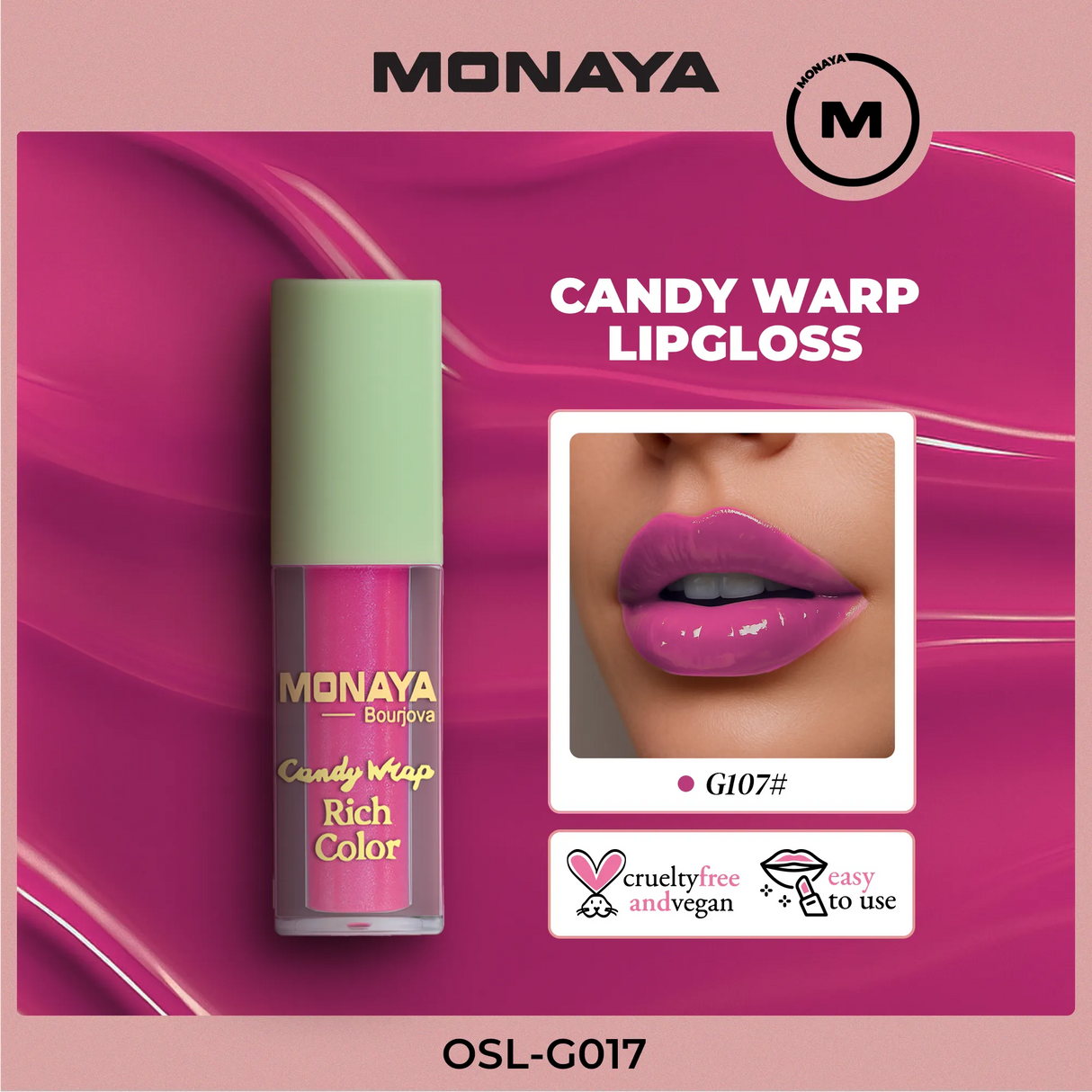 Monaya G017 Candy Wrap Rich Color Lip Gloss – High Pigment, Moisturizing, Long-Lasting, Non-Sticky, Glossy Finish, Lip Care, Cruelty-Free