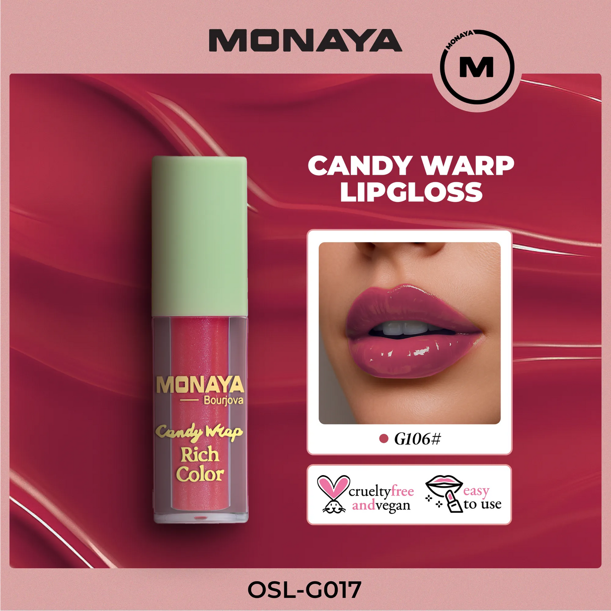 Monaya G017 Candy Wrap Rich Color Lip Gloss – High Pigment, Moisturizing, Long-Lasting, Non-Sticky, Glossy Finish, Lip Care, Cruelty-Free
