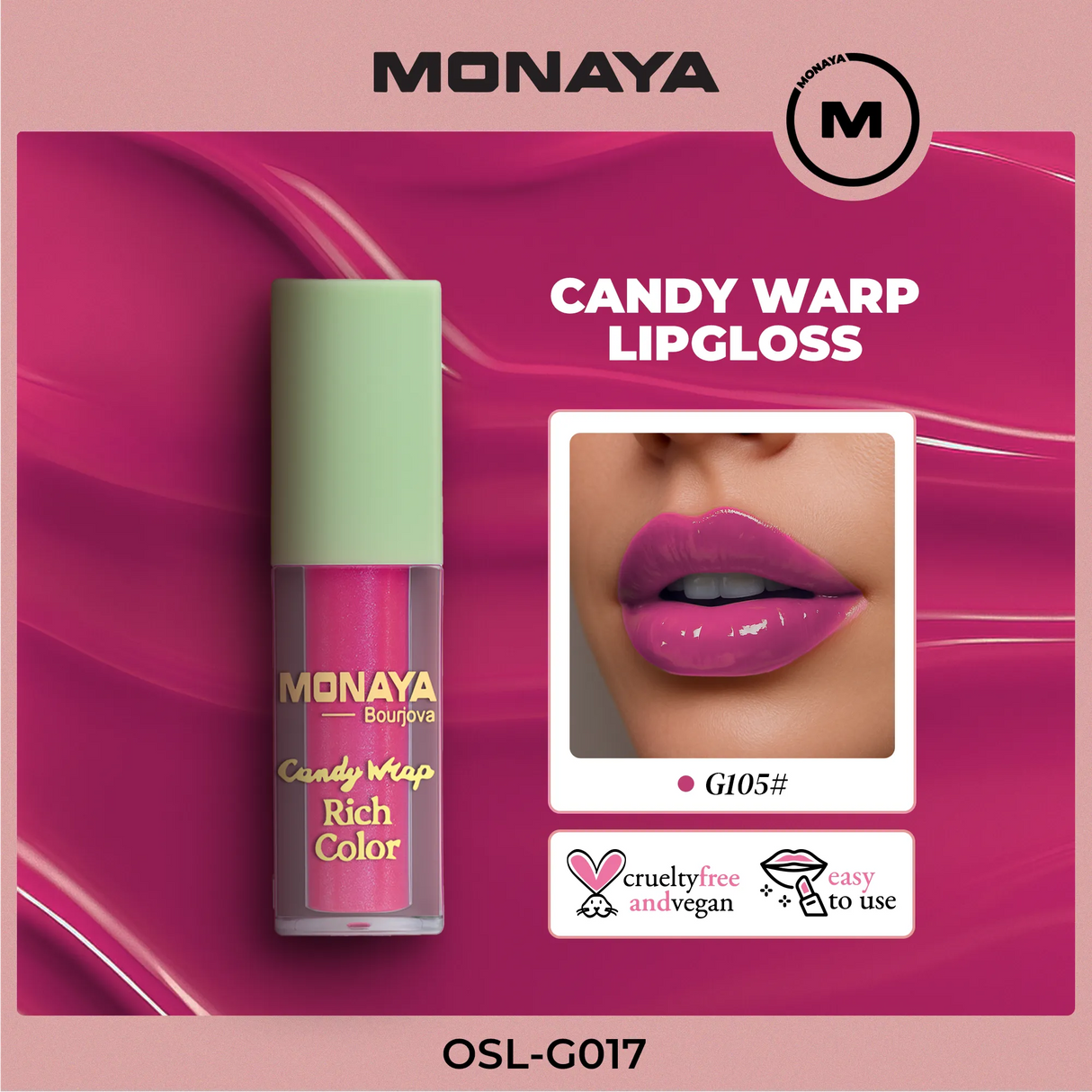 Monaya G017 Candy Wrap Rich Color Lip Gloss – High Pigment, Moisturizing, Long-Lasting, Non-Sticky, Glossy Finish, Lip Care, Cruelty-Free