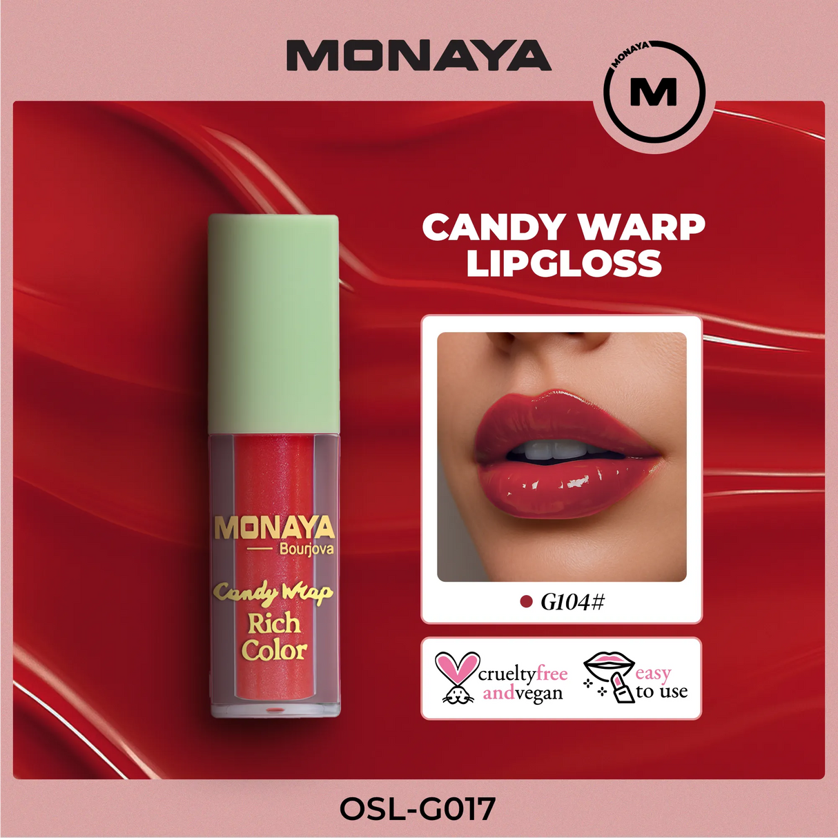 Monaya G017 Candy Wrap Rich Color Lip Gloss – High Pigment, Moisturizing, Long-Lasting, Non-Sticky, Glossy Finish, Lip Care, Cruelty-Free
