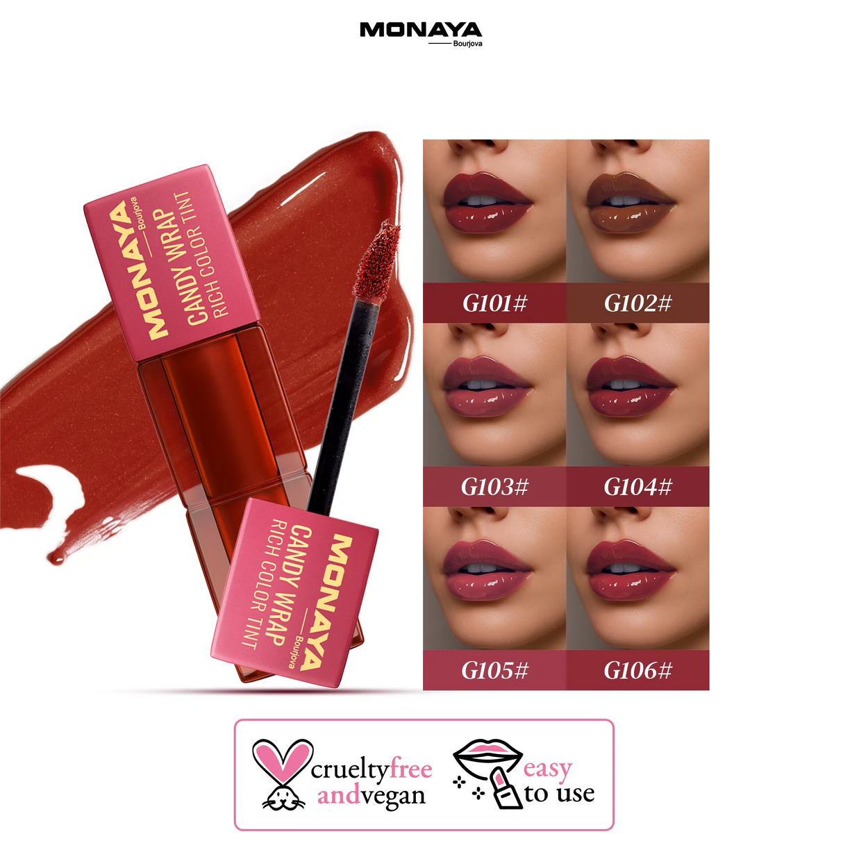 Monaya G014 Rich Color Lip Tint – Long-Lasting, Lightweight, Smudge-Proof, Moisturizing Lip Stain, Lip Care, Cruelty-Free Makeup