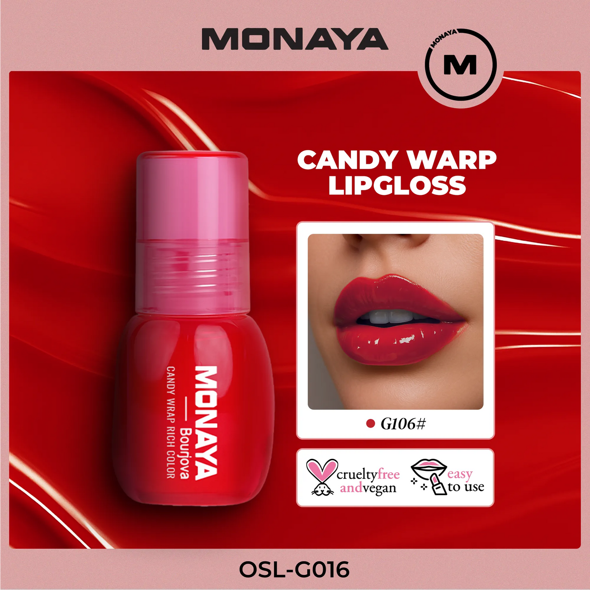 Monaya G016 Candy Wrap Rich Color Lip Gloss – High Shine, Moisturizing, Long-Lasting, Non-Sticky, Lip Care, Professional Makeup