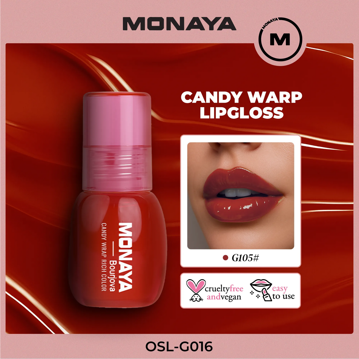 Monaya G016 Candy Wrap Rich Color Lip Gloss – High Shine, Moisturizing, Long-Lasting, Non-Sticky, Lip Care, Professional Makeup