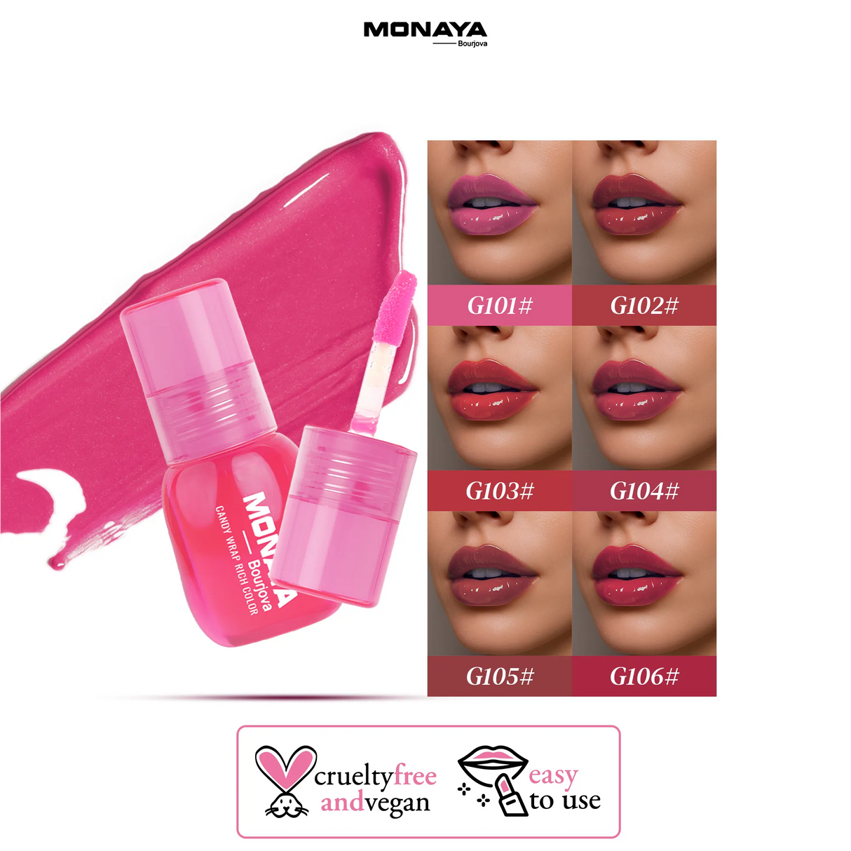 Monaya G016 Candy Wrap Rich Color Lip Gloss – High Shine, Moisturizing, Long-Lasting, Non-Sticky, Lip Care, Professional Makeup