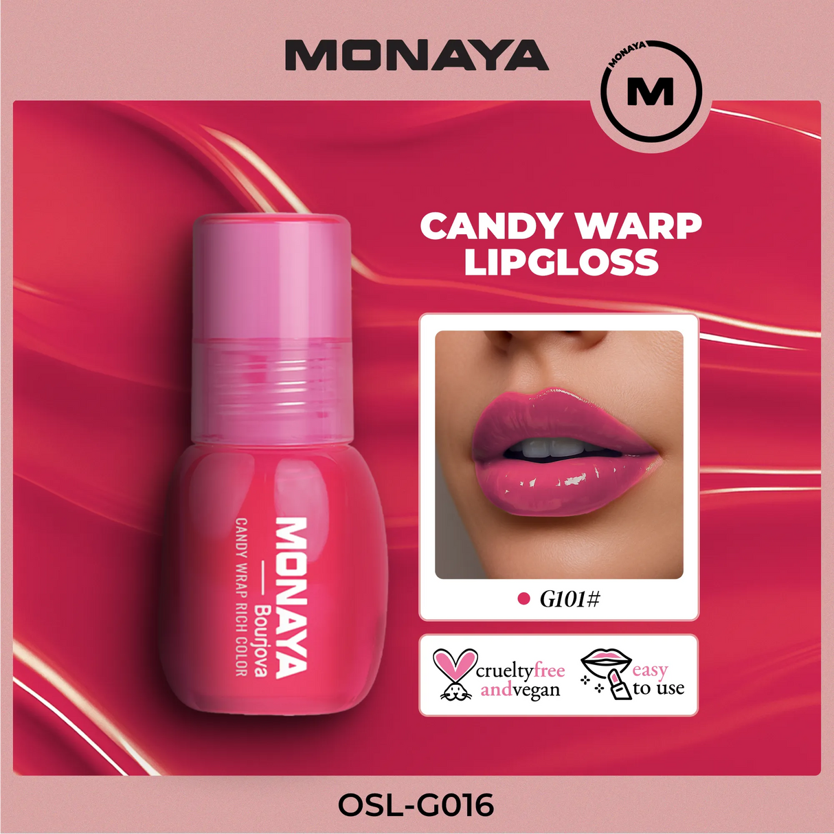 Monaya G016 Candy Wrap Rich Color Lip Gloss – High Shine, Moisturizing, Long-Lasting, Non-Sticky, Lip Care, Professional Makeup