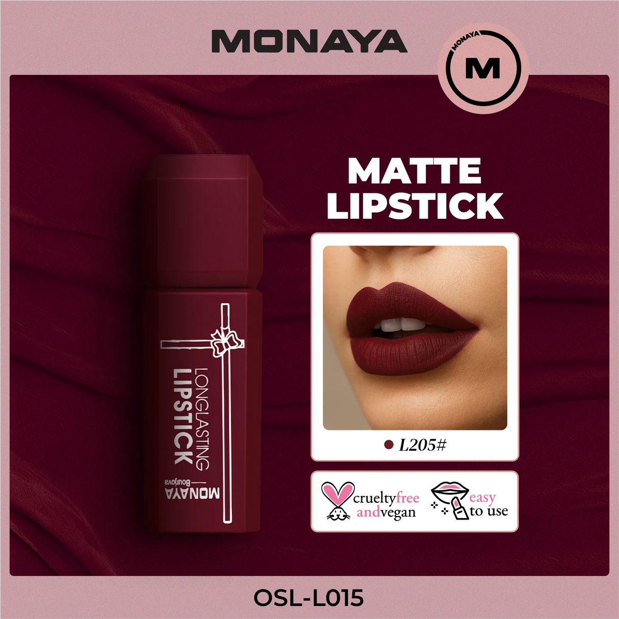 Monaya L015 Longlasting Matte Lipstick, Full Coverage, Lightweight & Moisturizing Formula, Non-Drying Velvet Matte Finish, Vegan & Cruelty-Free