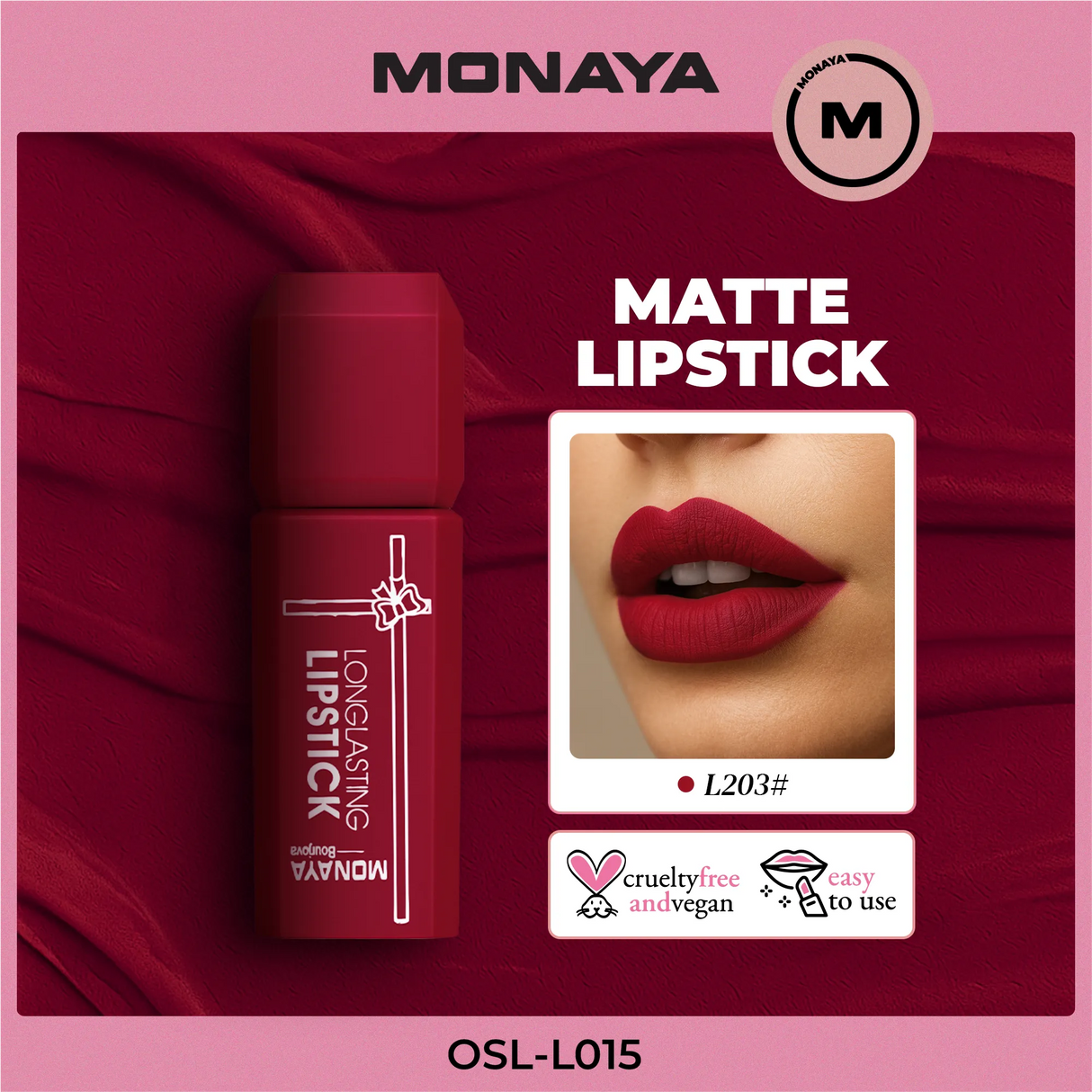 Monaya L015 Longlasting Matte Lipstick, Full Coverage, Lightweight & Moisturizing Formula, Non-Drying Velvet Matte Finish, Vegan & Cruelty-Free