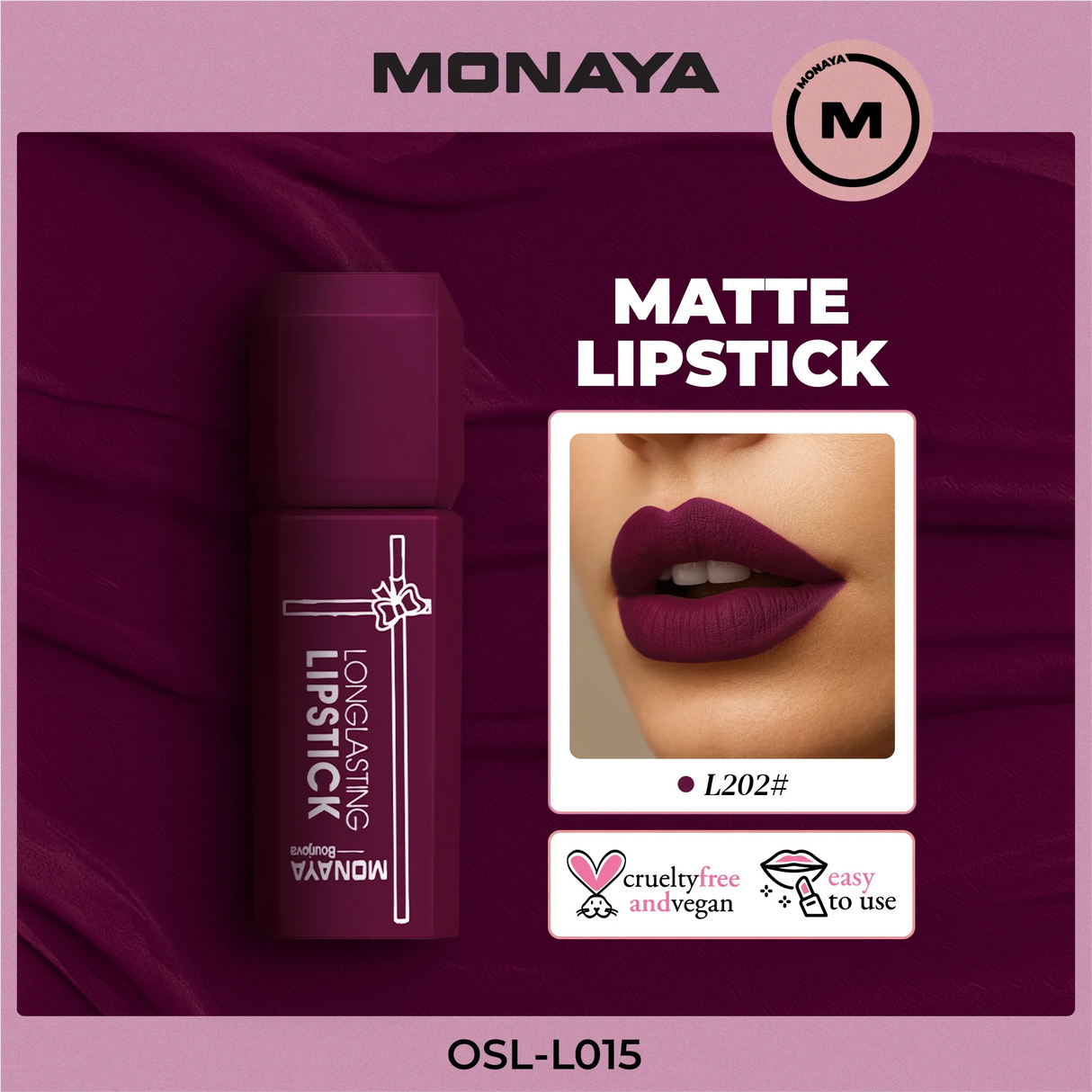 Monaya L015 Longlasting Matte Lipstick, Full Coverage, Lightweight & Moisturizing Formula, Non-Drying Velvet Matte Finish, Vegan & Cruelty-Free