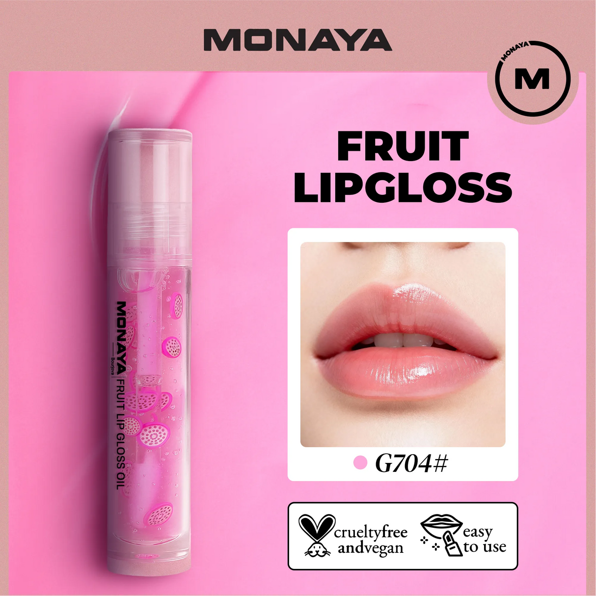 Monaya LO002 Fruit Lip Gloss, Natural Glossy Finish, Nourishing Lip Oil for Soft & Shiny Lips, Hydrating, Non-Sticky, Long-Lasting Moisture, Fruity Scent Lip Care