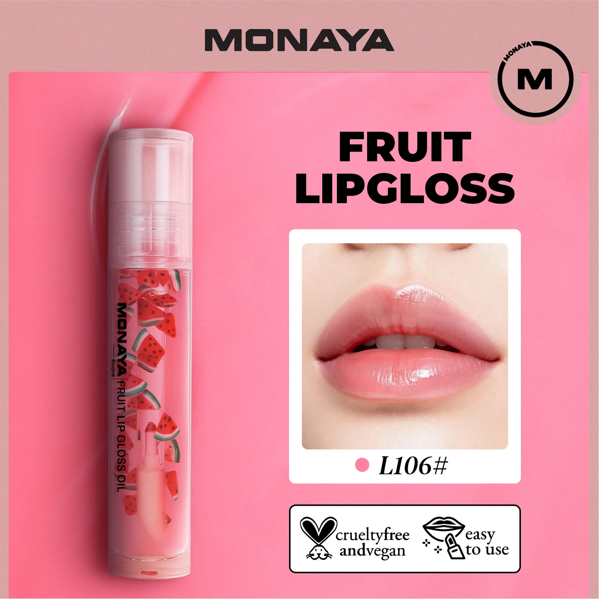 Monaya LO002 Fruit Lip Gloss, Natural Glossy Finish, Nourishing Lip Oil for Soft & Shiny Lips, Hydrating, Non-Sticky, Long-Lasting Moisture, Fruity Scent Lip Care