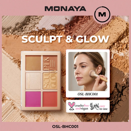 Sculpt & Glow Contour Palette, Blush Highlighters Bronzer Powder All in one Makeup - 6 Shades - BHC001