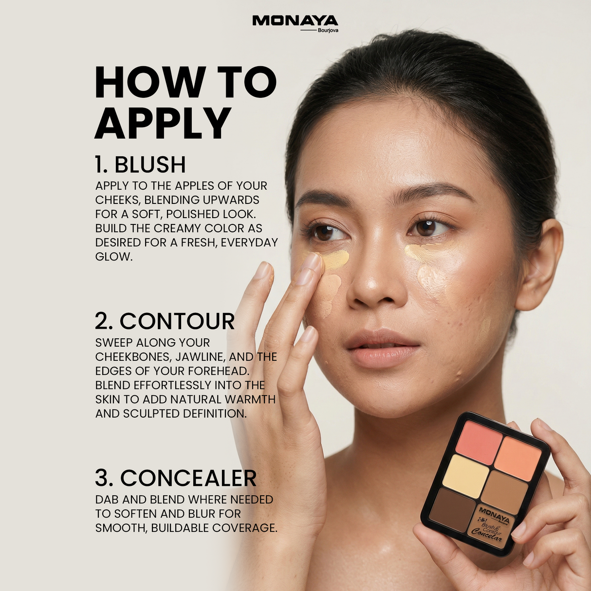 3-in-1 Face Palette – Blush, Contour & Concealer in One Compact, Smooth Creamy Formula – C008