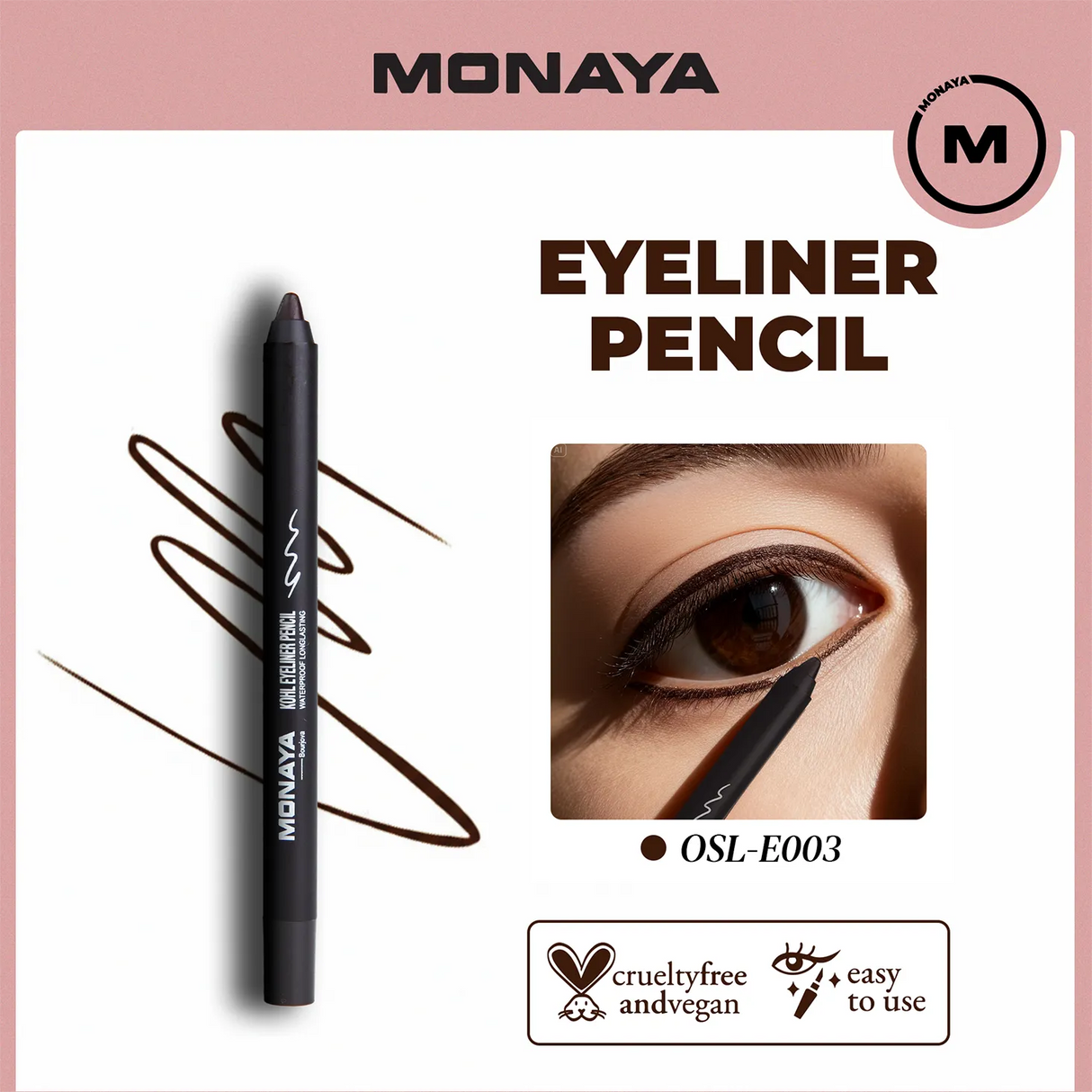 Monaya E003 Brown Kohl Eyeliner Pencil – Ultra-Smooth, Long-Lasting Eye Pencil for Bold Definition, Smudge-Proof & Easy-Glide Formula