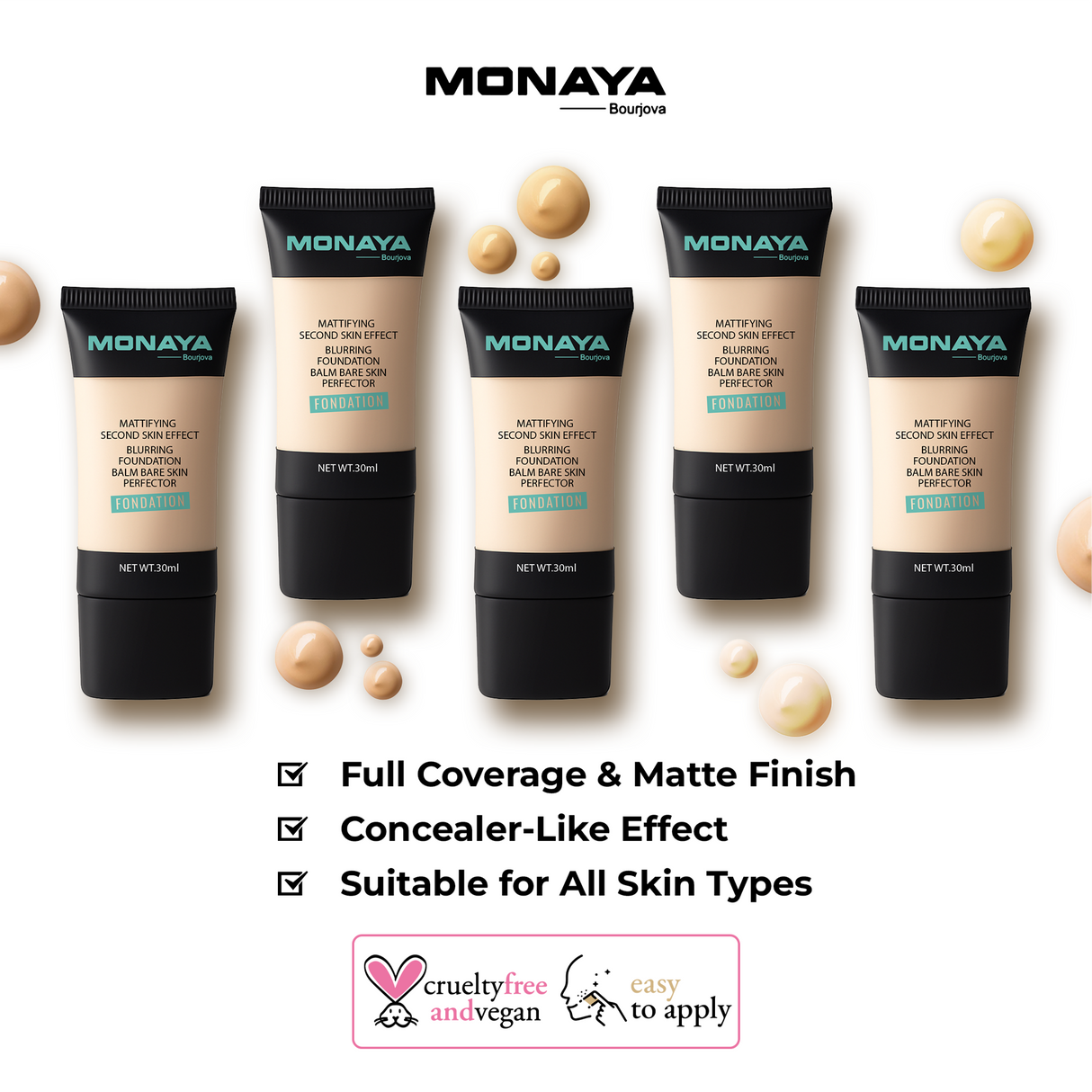 Monaya Bourjova F003 Perfect Matte Liquid Foundation – Full Coverage, Waterproof, Long-Lasting, 6 Shades (30ml) – Affordable Makeup, Oil-Free, Concealer Effect