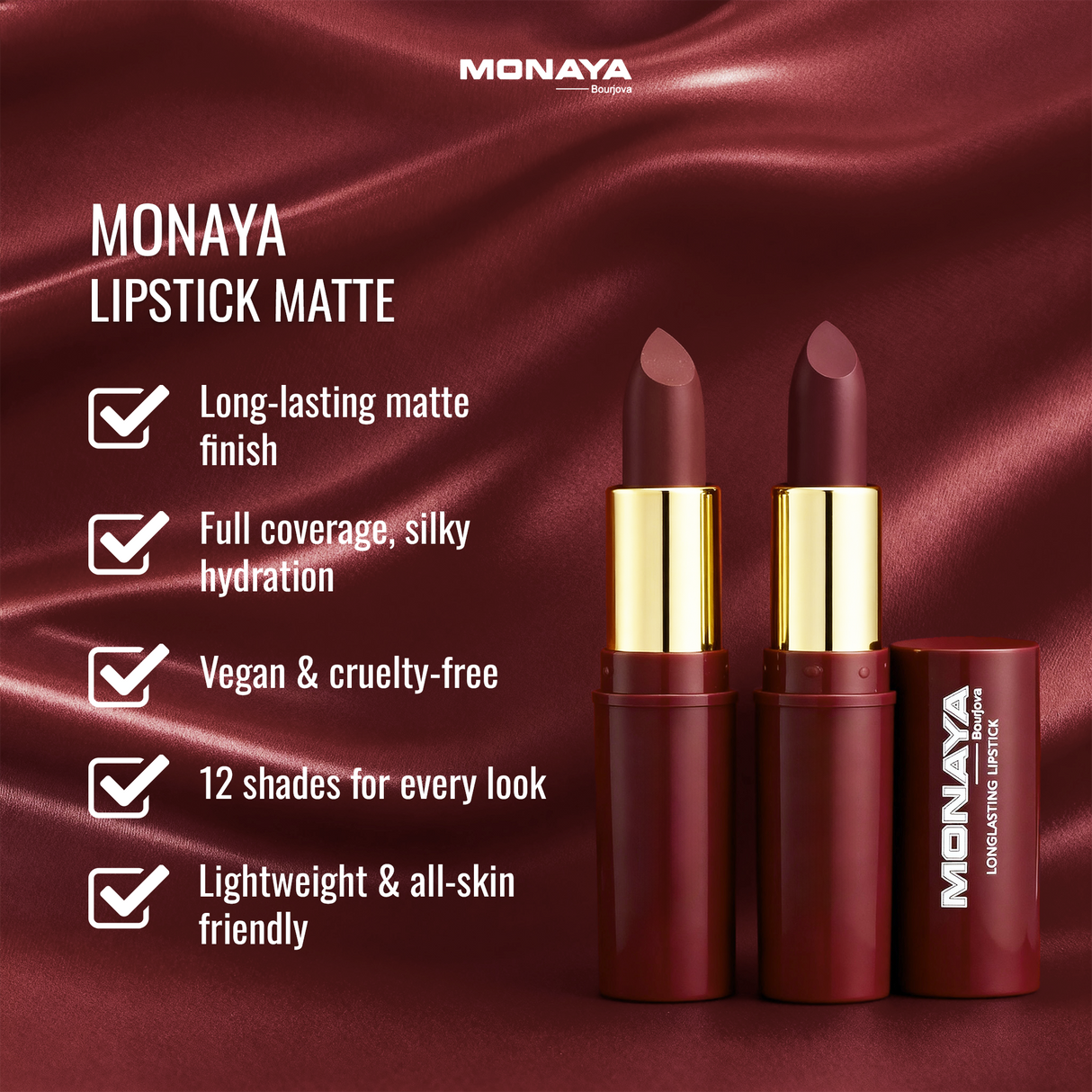 Monaya L002 Longlasting Lipstick,Full Coverage, Moisturizing Matte Finish, Perfect for All Skin Types