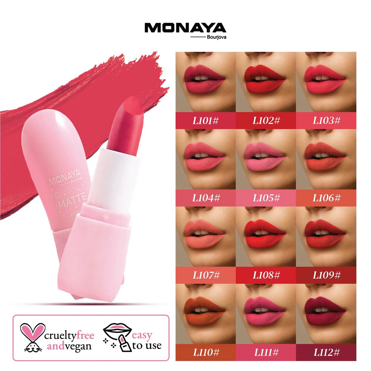 Matte Lipstick, Bold, Long-Lasting, Highly Pigmented - 12 Shades - L013