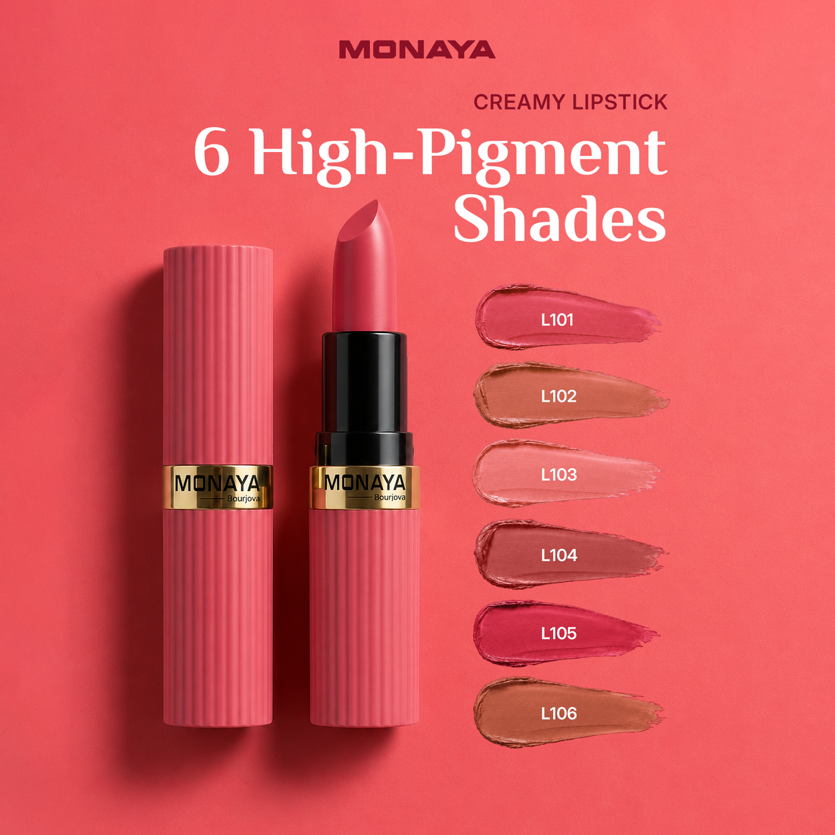 Monaya Lipstick – Creamy Hydrating Lip Color, Smooth Satin Finish, High-Pigment Formula, Long-Lasting Comfortable Wear, Vegan & Cruelty-Free - L026