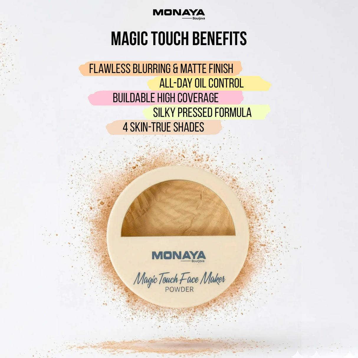 Magic Touch Face Maker Powder – High-Definition Blurring Pressed Powder, Full Coverage Matte Finish, 12-Hour Sebum Control, Cruelty-Free & Vegan, 4 Skin-Perfecting Shades - P004