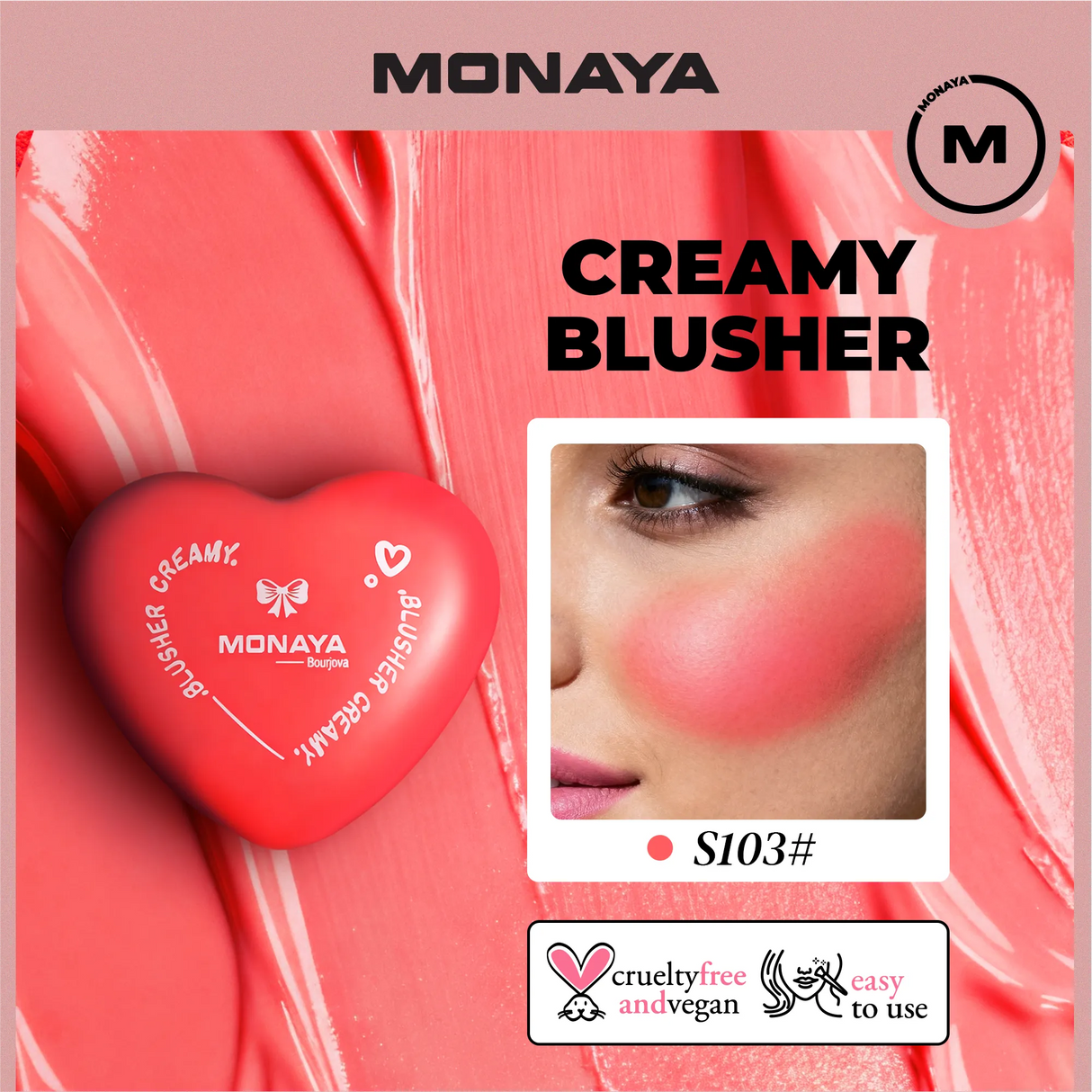 Monaya S003 Silky Cream Liquid Blush, Leaving a Matte Dewy Makeup Look, Easy to Apply and Create a Natural Flush, Long Lasting and Lightweight Cheek Blush Face Makeup